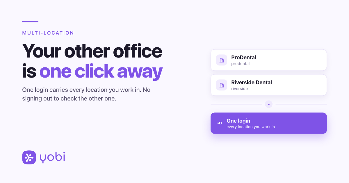 Two dental practice locations, ProDental and Riverside Dental, resolving into a single login that carries both