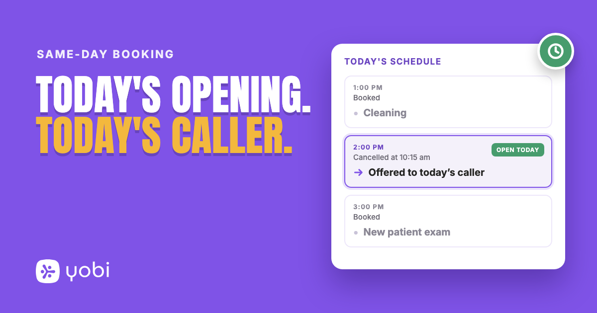 Purple Yobi graphic reading Today's Opening. Today's Caller, next to a panel showing today's schedule: 1:00 pm and 3:00 pm booked, and a 2:00 pm time that was cancelled at 10:15 am, marked open today and offered to today's caller
