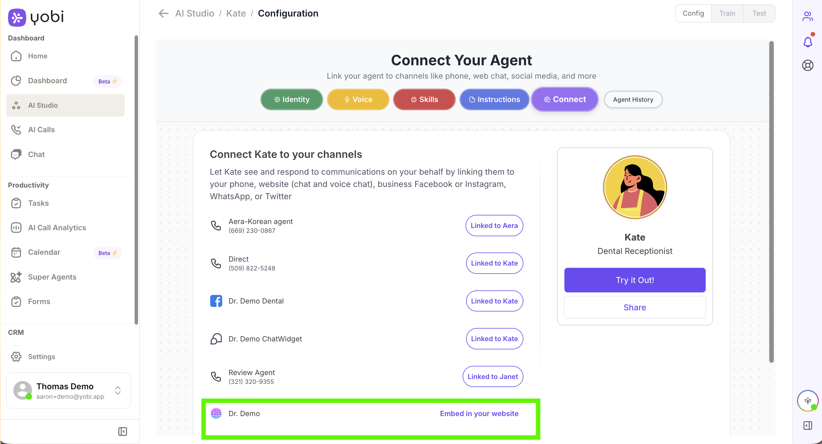 AI Studio Config screen with the website channel's 'Embed in your website' button