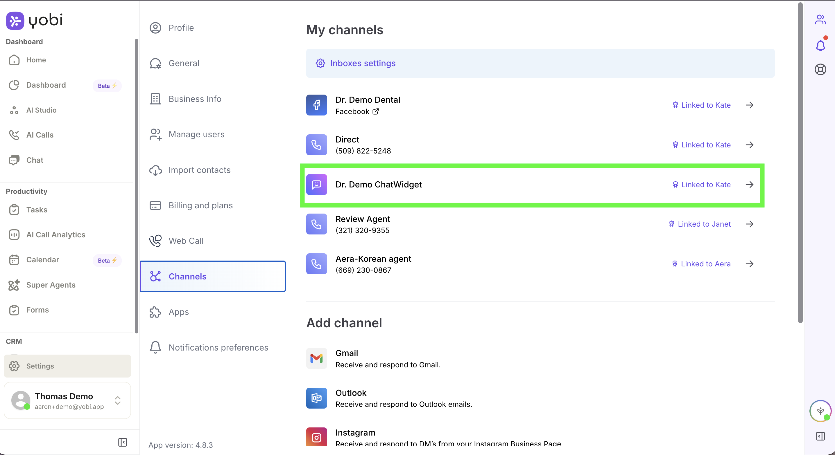Settings → Channels showing the ChatWidget channel linked to an agent