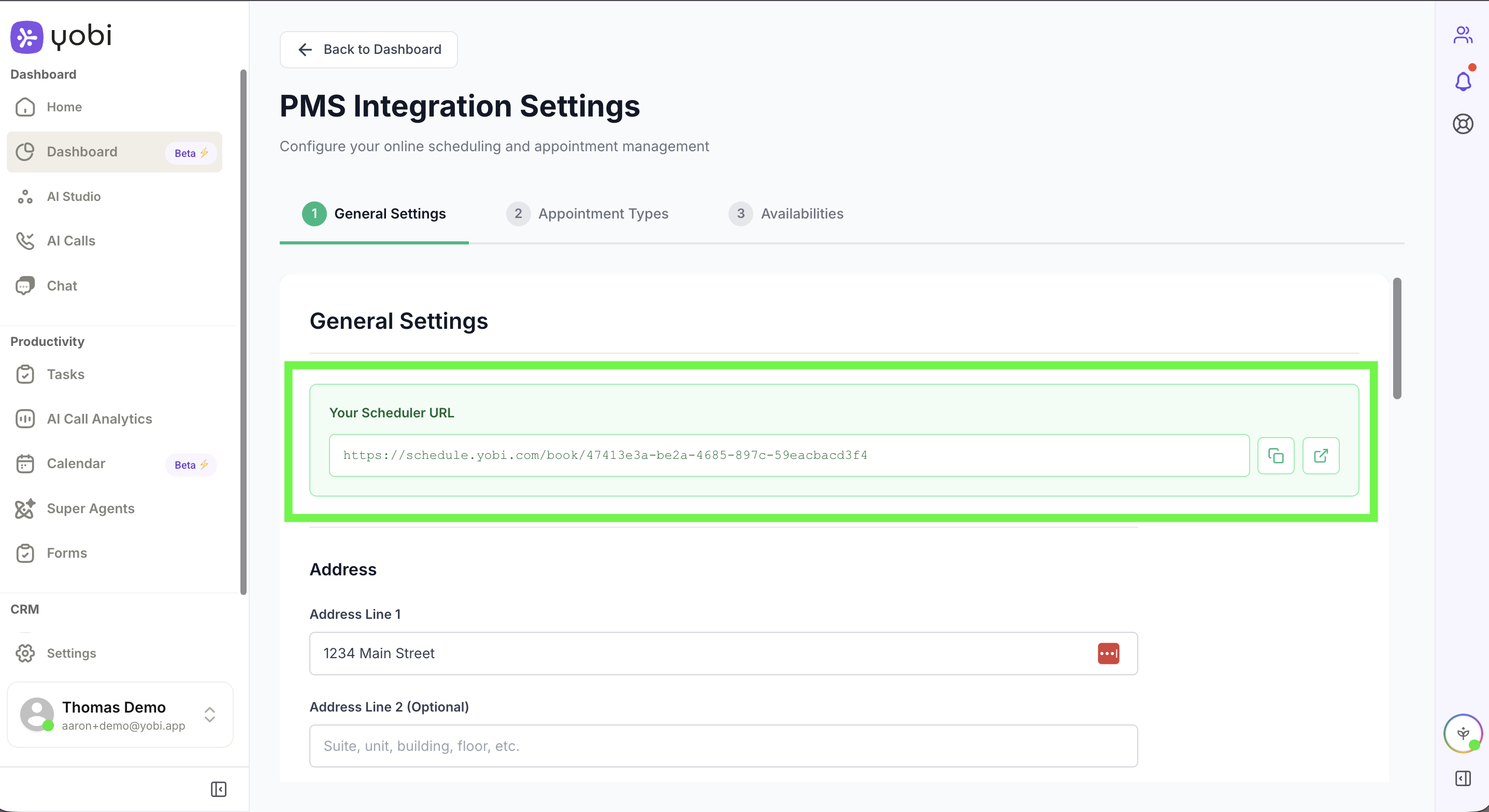 PMS Integration Settings, General Settings tab, showing Your Scheduler URL with copy button